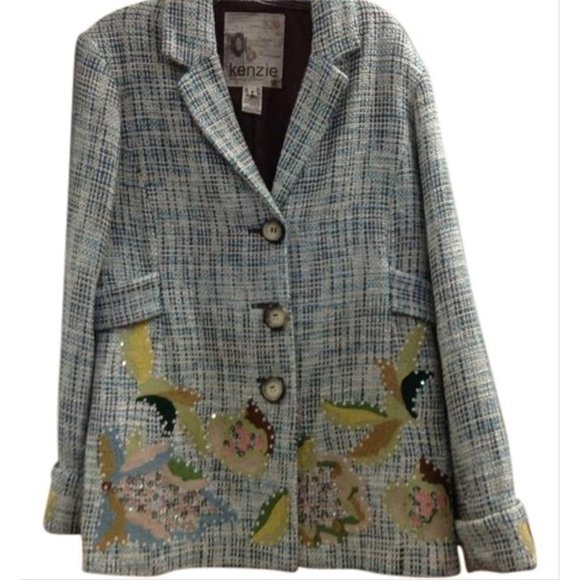 Kenzie Aqua/pink/yellow Tweed Floral Embroidered Coat/jacket 14 - Picture 3 of 7